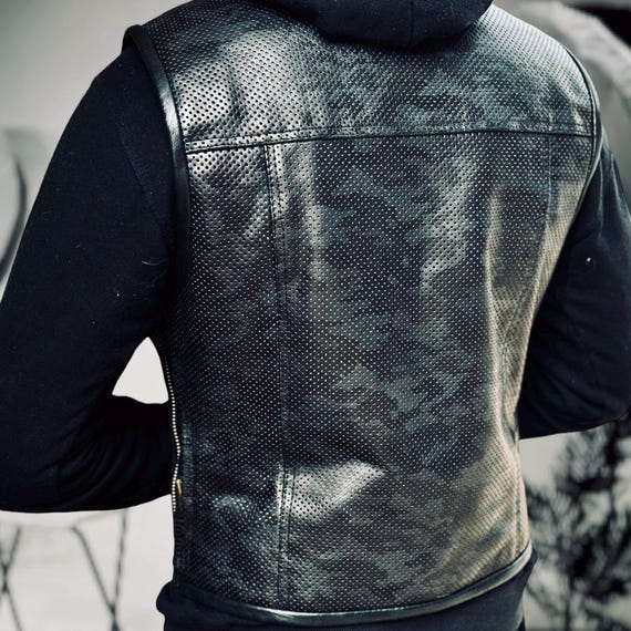 Men's Camouflage Perforated Cowhide Leather Vest: Biker Club Style