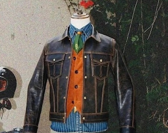 Men's Black Distressed Cowhide Leather Trucker Jacket