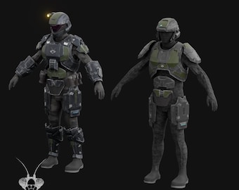 Peut inclure: Deux personnages portant une armure futuriste noire et verte avec des casques. La figure de gauche a une lumière qui brille sur le casque. Les deux personnages ont un design similaire avec une plaque de poitrine verte et des jambes noires.