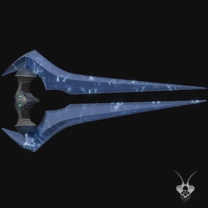 以下が含まれることがあります： 特徴的な湾曲した刃のデザインの青いエネルギーソード。 刃にはひび割れ模様があり、金属製のハンドルには複雑なディテールが施されています。 全体的な美しさは未来的で、鋭い角度と洗練された外観に重点が置かれています。