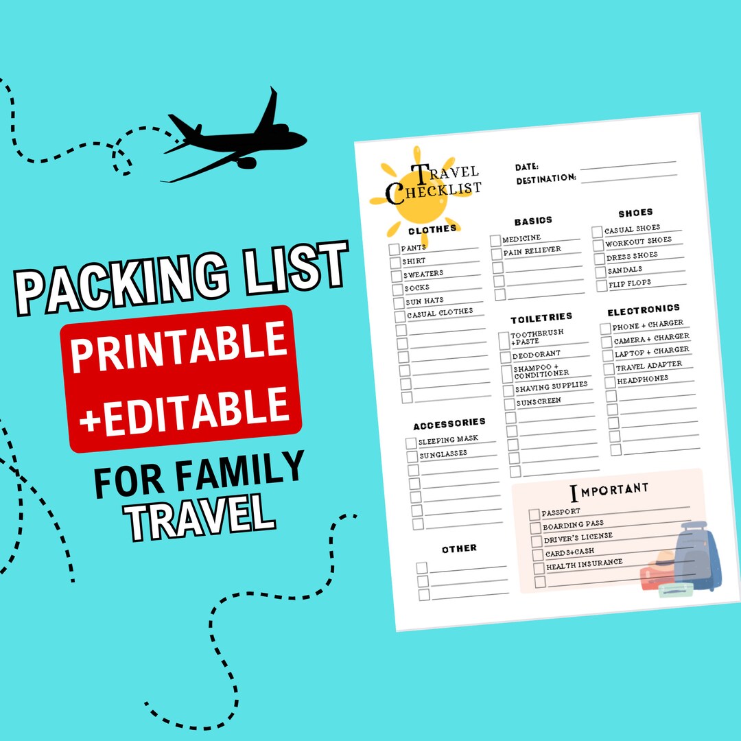 Packing List, Editable Packing List, Family Travel Packing List ...