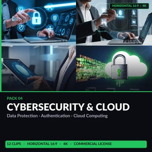 Puede incluir: Una colección digital titulada PACK 04 CYBERSECURITY & CLOUD sobre protección de datos, autenticación y computación en la nube. Las imágenes muestran portátiles y tabletas con iconos de seguridad azules, huellas dactilares y un candado.