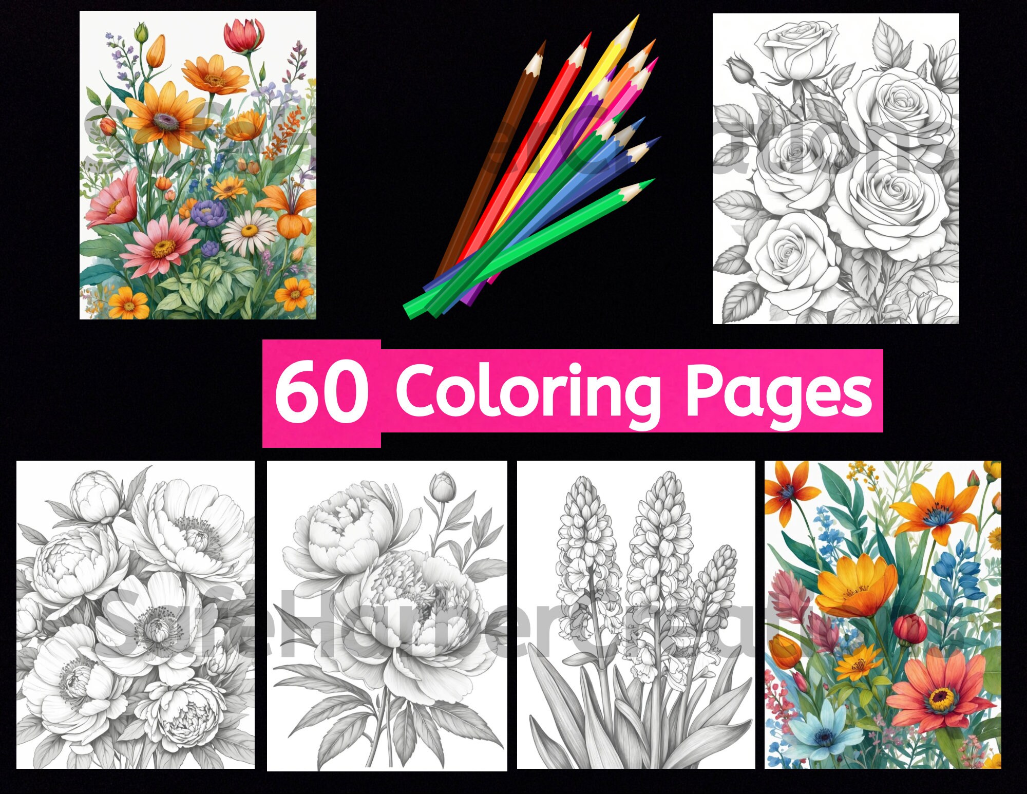 Botanical Flower Coloring Pages, 60 Beautiful Illustrations, Instant ...