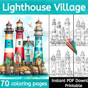 Lighthouse Village coloring pages, whimsical, instant ant download, printable, lighthouse coloring, ocean coloring, nautical coloring