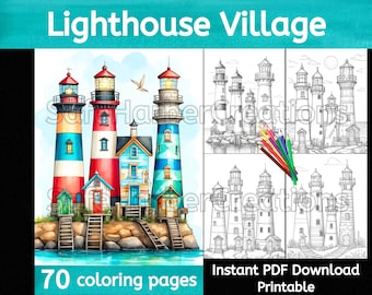 Páginas para colorear de Lighthouse Village, divertidas, descarga instantánea de hormigas, imprimibles, para colorear faros, para colorear océanos, para colorear náuticos