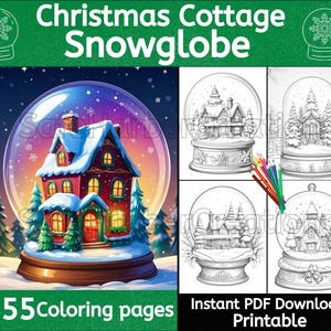 Christmas Cottage Snowglobe coloring pages, instant download, printable, Christmas coloring, snowglobe coloring, holiday coloring