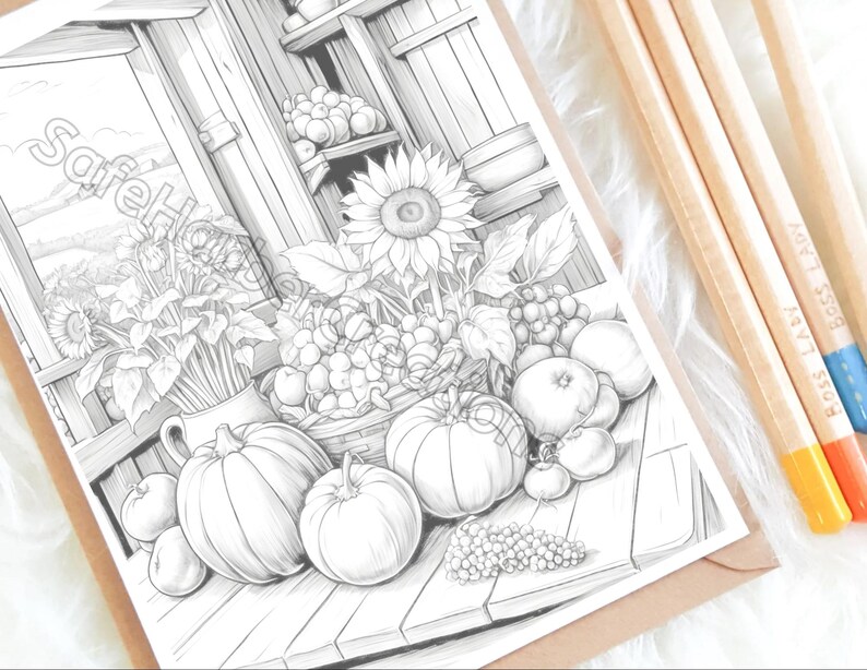 Fall Harvest coloring pages, 60 pictures, instant download, printable, fall coloring, pumpkin coloring, harvest coloring, Thanksgiving image 4