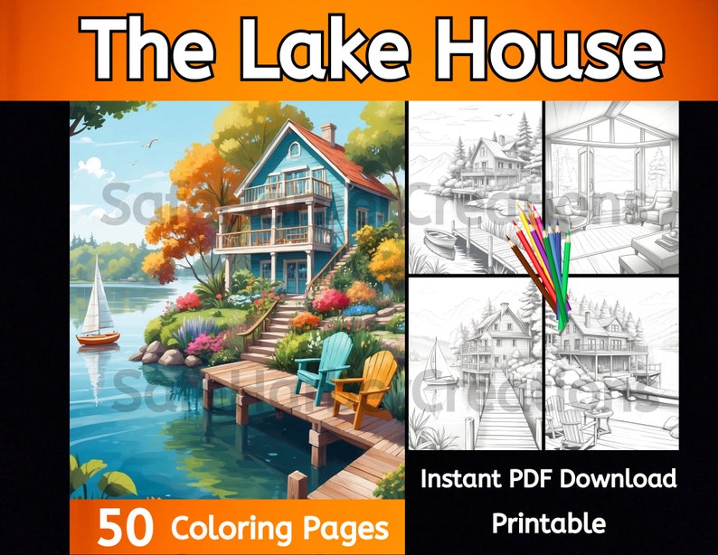 Lake House Coloring Pages. 50 Scenes, Instant Download, Printable, Nature Coloring, House ...