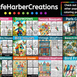 May include: A collection of printable coloring pages featuring various themes, including teapots, scarecrows, teacups, Parisian cafes, regency era houses, birdhouses, vintage storefronts, beach houses, tropical lighthouses, whimsical houses, and bird friends. The coloring pages are all in black and white and are ready to be colored.