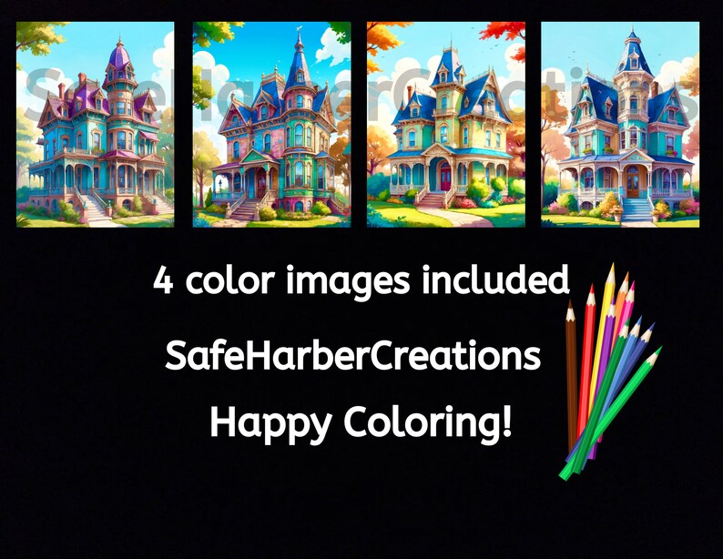 Victorian Mansions Coloring Pages, 50 Greyscale Images, Instant Download, Printable, House ...