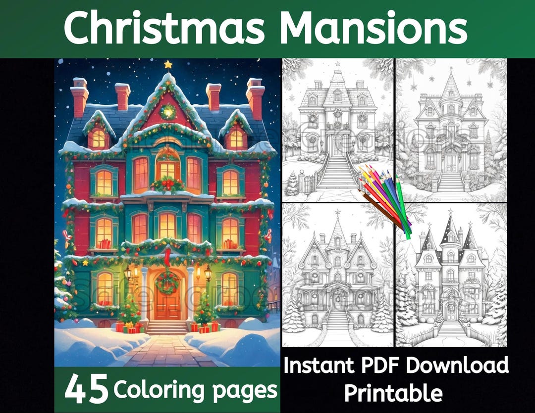 Christmas Mansion Coloring Pages, 45 Pictures, Instant Download