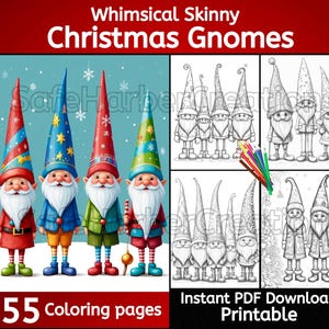 Whimsical Skinny Christmas Gnomes coloring pages, instant download, printable, gnome coloring, Christmas coloring, whimsical coloring
