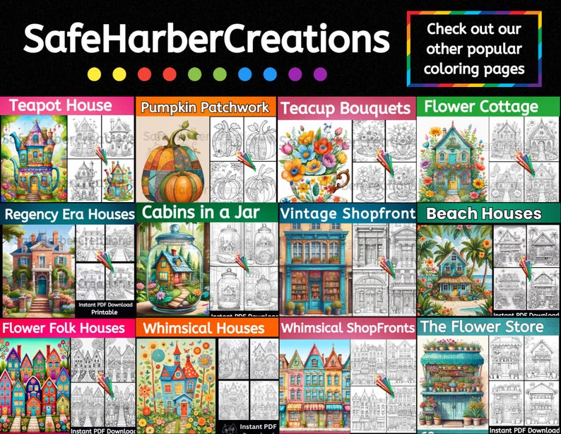 Puede incluir: Una colecci&oacute;n de 10 p&aacute;ginas para colorear imprimibles que presentan casas, caba&ntilde;as y tiendas caprichosas. Cada p&aacute;gina tiene un dise&ntilde;o &uacute;nico con detalles intrincados, perfecto para adultos y ni&ntilde;os que disfrutan coloreando.