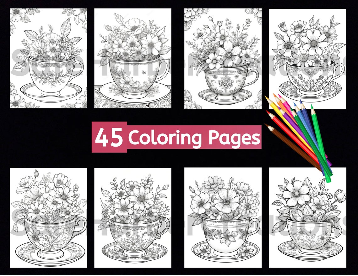 Teacup Flower Bouquets, 45 Coloring Pages. Instant Download, Printable ...