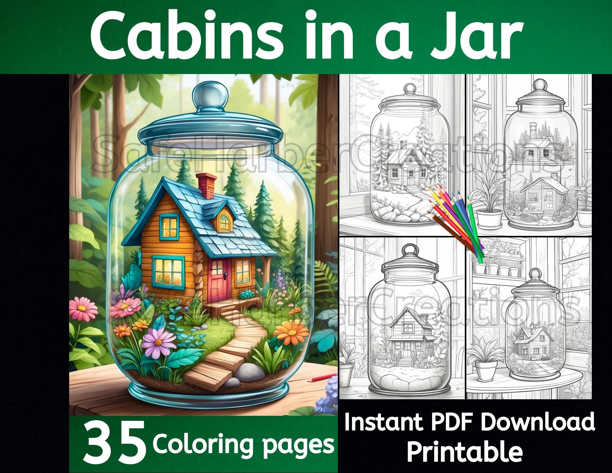 Cabins in a Jar coloring pages, 35 images, instant download, printable, cabin coloring, jar coloring, forest coloring, nature coloring