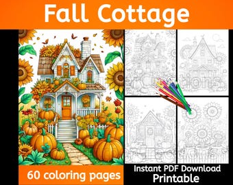 Fall Cottage coloring book, 60 new images, instant download, fall coloring, cottage coloring, autumn coloring, pumpkin coloring, greyscale
