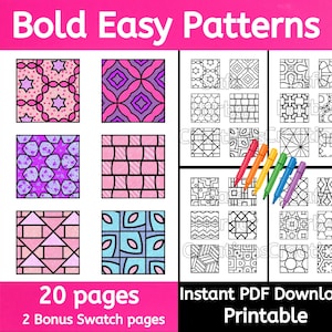 Bold Easy Pattern Coloring pages, 20 different pages, 120 patterns, instant pdf download, printable, pattern coloring, cozy coloring, swatch