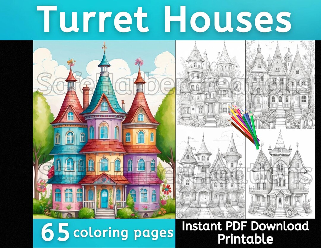 Turret House Design Coloring Pages, Instant Download, Printable, House ...