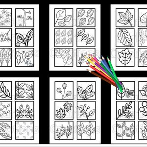 Puede incluir: Una p&aacute;gina para colorear imprimible con 36 dise&ntilde;os diferentes de hojas y flores. Los dise&ntilde;os est&aacute;n dispuestos en formato de cuadr&iacute;cula, con cada cuadrado que contiene un dise&ntilde;o &uacute;nico. Los dise&ntilde;os son simples y f&aacute;ciles de colorear, lo que los hace perfectos para ni&ntilde;os o adultos.