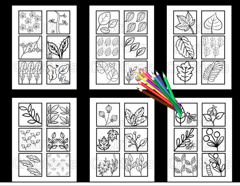 Puede incluir: Una p&aacute;gina para colorear imprimible con 36 dise&ntilde;os diferentes de hojas y flores. Los dise&ntilde;os est&aacute;n dispuestos en formato de cuadr&iacute;cula, con cada cuadrado que contiene un dise&ntilde;o &uacute;nico. Los dise&ntilde;os son simples y f&aacute;ciles de colorear, lo que los hace perfectos para ni&ntilde;os o adultos.