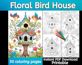 Floral Bird House coloring pages, 50 whimsical images,bird coloring, house coloring, flower coloring, whimsicle coloring, greyscale