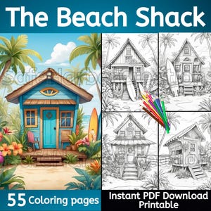 The Beach Shack coloring pages, 55 images, instant download, printable, beach coloring, house coloring, tropical coloring, dream house