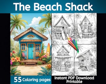 The Beach Shack, Malseiten, Ausmalbilder, 55 Ausmalbilder, zum Ausdrucken, Ausmalen, Strand, Haus, Tropisch, Traumhaus, Ausmalbilder