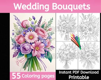 Wedding Bouquet coloring pages, instant download, printable, floral coloring, flower coloring, wedding bouquet, greyscale coloring,