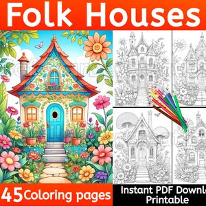 Peut inclure: Un ensemble de 45 pages à colorier représentant des maisons folkloriques fantaisistes avec des détails complexes. Les maisons sont entourées de jardins luxuriants avec des fleurs et des plantes. Les pages à colorier sont parfaites pour les adultes et les enfants qui aiment les activités créatives.