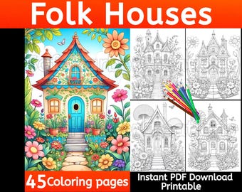Folk House Coloring Pages, 45 whimsical houses to download and print, house coloring, hygee coloring, flower coloring, folk art coloring