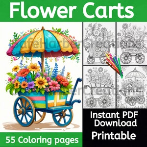 花カートのぬり絵、55 の美しい花カート、即時ダウンロード、印刷可能、花のぬり絵、植物のぬり絵、市場のぬり絵