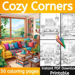 May include: A set of 50 coloring pages featuring cozy living room scenes. Each page depicts a different room with furniture, plants, and windows. The pages are designed for adults and children who enjoy coloring.