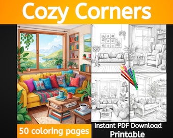 Cozy Corners, 50 coloring pages to instantly download, printable, greyscale coloring, cozy coloring, interior coloring, easy coloring