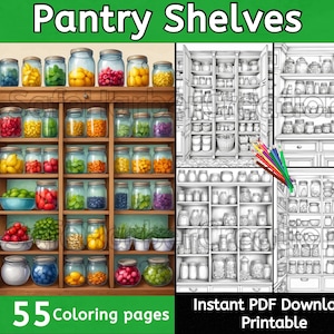 Op de afbeelding: Een kleurboek met 55 pagina's met een voorraadkast met planken vol potten met ingeblikte producten. De afbeelding toont zowel een gekleurde versie als een zwart-witversie van de voorraadkast. De tekst "Pantry Shelves" en "55 Coloring pages" is zichtbaar in de afbeelding.