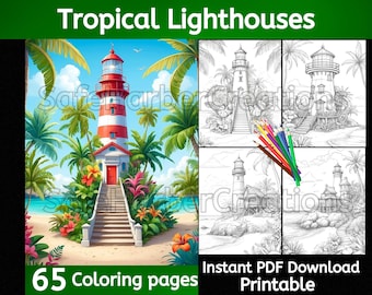 May include: A coloring book featuring 65 pages of tropical lighthouses. The cover shows a red and white lighthouse with a palm tree and flowers in front of it. The book is titled "Tropical Lighthouses" and includes the text "Instant PDF Download Printable".