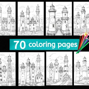 May include: A set of 70 black and white coloring pages featuring lighthouses. The pages are designed for adults and children to color.