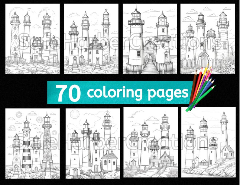 May include: A set of 70 black and white coloring pages featuring lighthouses. The pages are designed for adults and children to color.