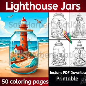 Puede incluir: Un conjunto de 50 páginas para colorear imprimibles con faros dentro de frascos de vidrio. Las páginas son perfectas para adultos y niños que disfrutan colorear y temas náuticos. Descarga instantánea en PDF.