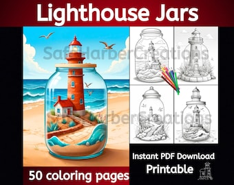 Dibujos para colorear de un frasco de faro, 50 páginas, descarga instantánea, imprimible, colorear un faro, colorear un frasco, colorear una playa, colorear un océano