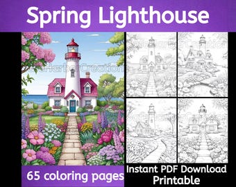 May include: A printable coloring book featuring a lighthouse with a red roof and white walls, surrounded by a garden with flowers in bloom. The title of the book is "Spring Lighthouse" and it includes 65 coloring pages.  Instant PDF download.