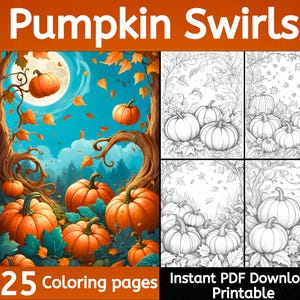 Puede incluir: Un libro de colorear digital con 25 p&aacute;ginas de calabazas con enredaderas en espiral y hojas de oto&ntilde;o. El libro est&aacute; disponible como descarga instant&aacute;nea en PDF e imprimible. La imagen de portada muestra una ilustraci&oacute;n colorida de calabazas en un entorno de bosque con una luna llena en el fondo.