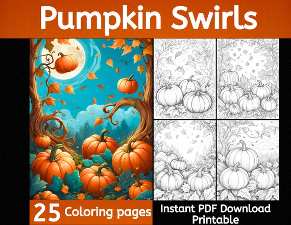 Pumpkin Swirls coloring pages, instant download, printable, pumpkin coloring, fall coloring, autumn coloring, whimsical coloring