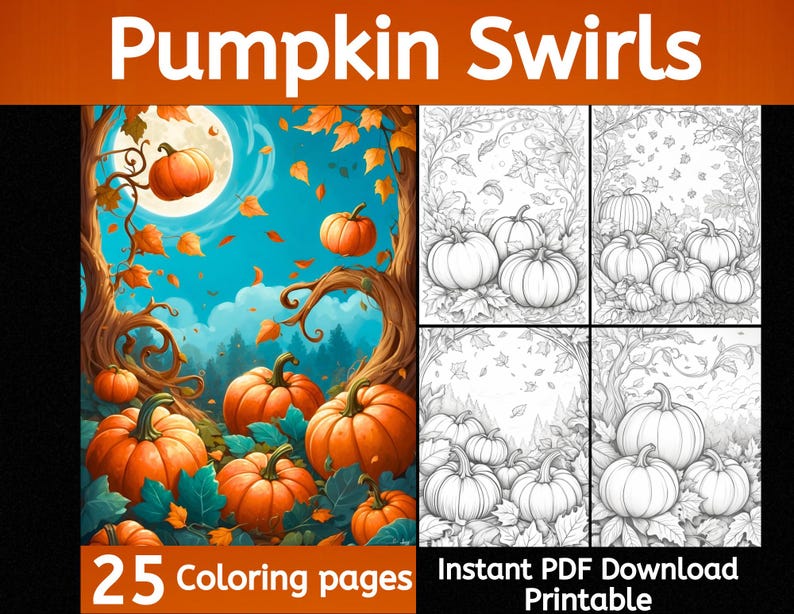 Puede incluir: Un libro de colorear digital con 25 p&aacute;ginas de calabazas con enredaderas en espiral y hojas de oto&ntilde;o. El libro est&aacute; disponible como descarga instant&aacute;nea en PDF e imprimible. La imagen de portada muestra una ilustraci&oacute;n colorida de calabazas en un entorno de bosque con una luna llena en el fondo.