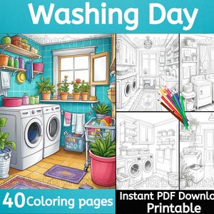 Washing Day coloring pages, 40 images, instant download, room coloring, interior coloring, clothes coloring, greyscale coloring