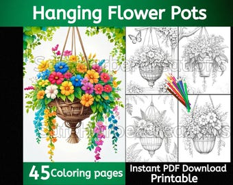 Hanging Flower Pot coloring pages, instant download, printable, flower coloring, floral coloring, floral display, garden coloring
