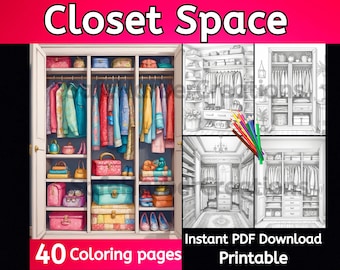 Closet Space coloring pages, 40 pages, instant download, printable, room coloring, house coloring, fashion coloring, women,greyscale