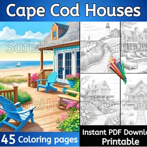Cape Cod Home coloring pages, instant download, printable, house coloring, beach coloring, greyscale coloring, calm coloring page