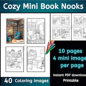 May include: A printable coloring book with 10 pages and 40 images of cozy book nooks. Each page features four mini images of a comfortable armchair, bookshelf, and plants in a reading nook.