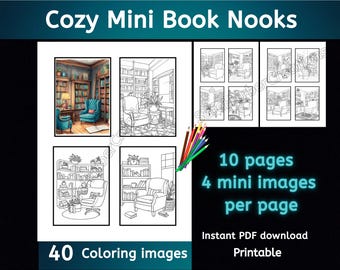 Mini Cozy Book Nook coloring pages, 10 pages/40 images, Instant PDF download, printable, book coloring, cozy coloring, library coloring