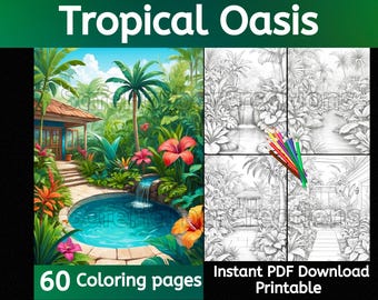 Tropical Oasis coloring pages, instant download, printable, tropical coloring, plant coloring, stress relief coloring